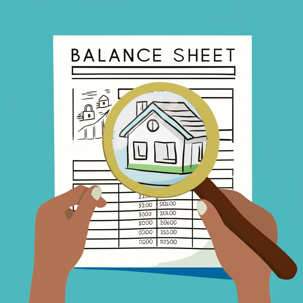 一人手持放大鏡檢查資產負債表,包含股票、債券和房產符號,代表財務資源和未來價值的插圖