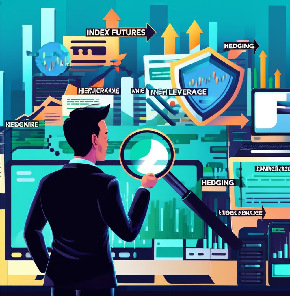 投資者觀察複雜金融市場圖表,放大鏡突出指數期貨槓桿效果,盾牌象徵避險功能