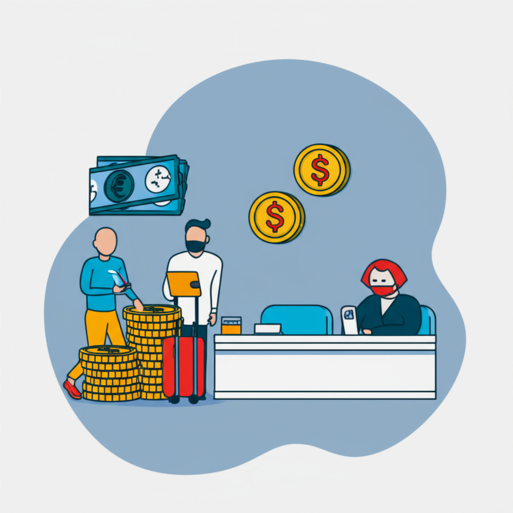 一位人士在銀行櫃檯兌換本國貨幣為外幣,用於旅行或資產配置目的的插圖