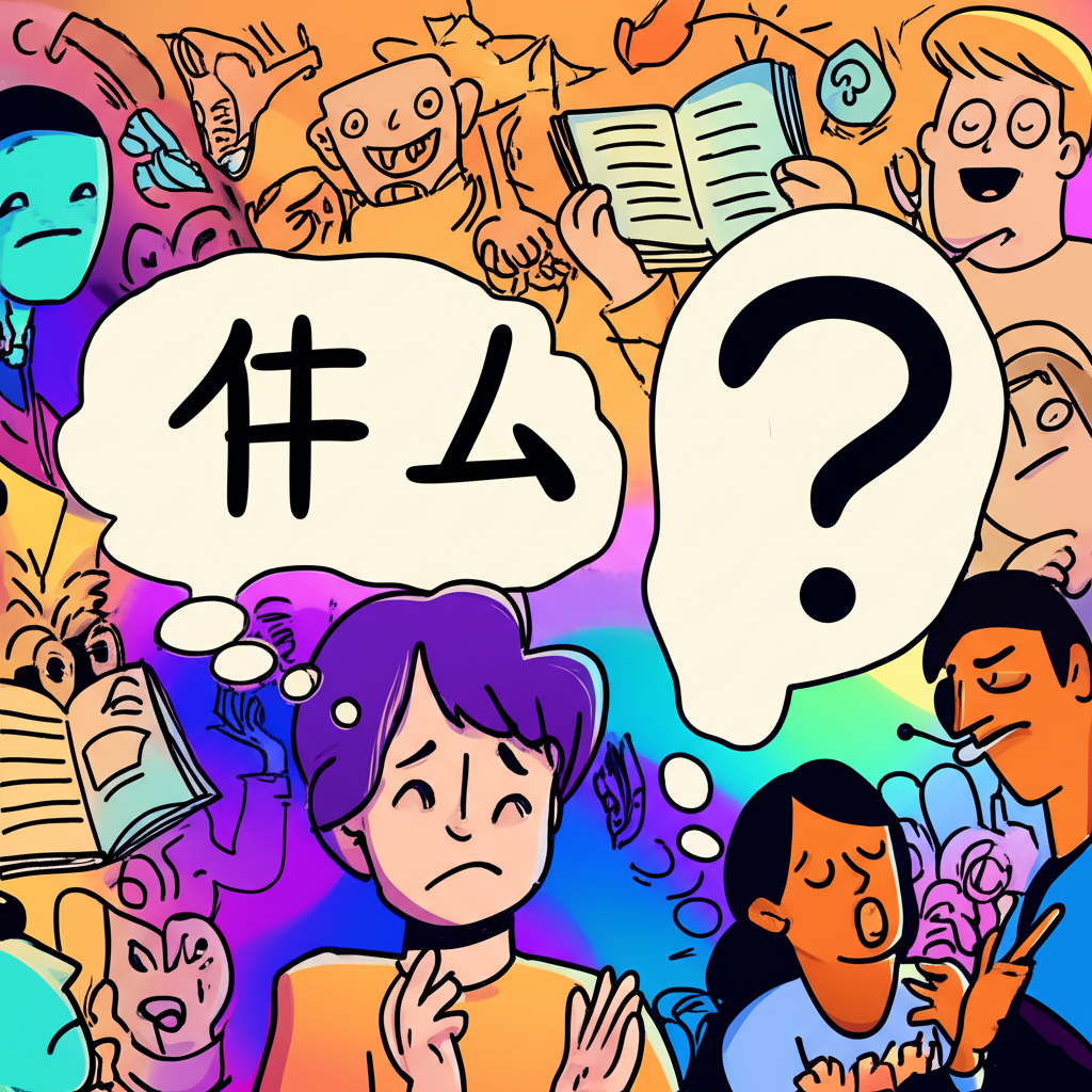 好奇人物詢問問題的插圖,周圍環繞著疑問符號與「什麼」字樣,展現不確定性和情緒的多樣性