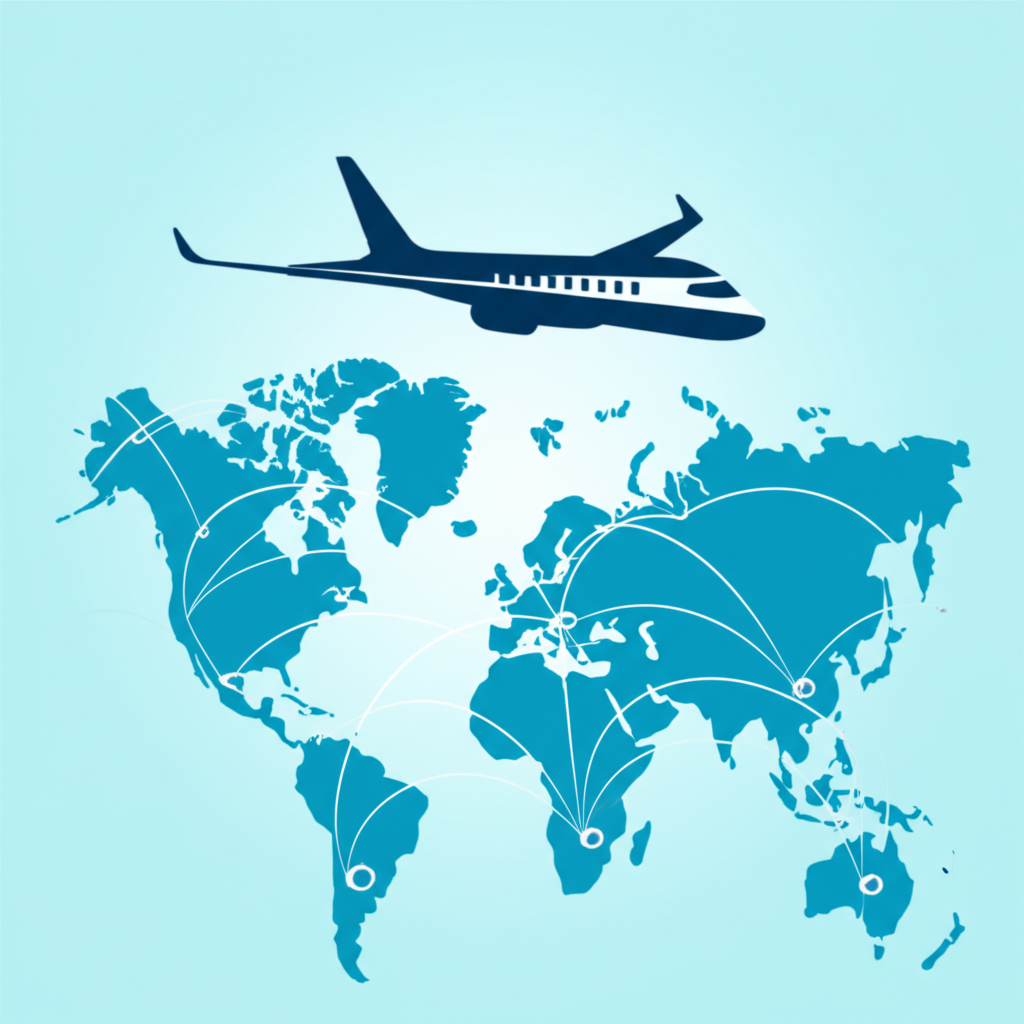 An illustration of a modern airplane flying over a stylized world map with lines connecting major cities symbolizing global travel and trade a blend of business and leisure illustration style