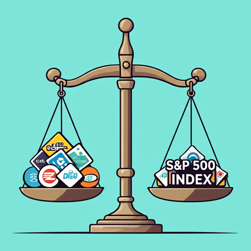 S&P 500 市值加權的平衡秤插圖,展示大型企業對經濟影響的權重