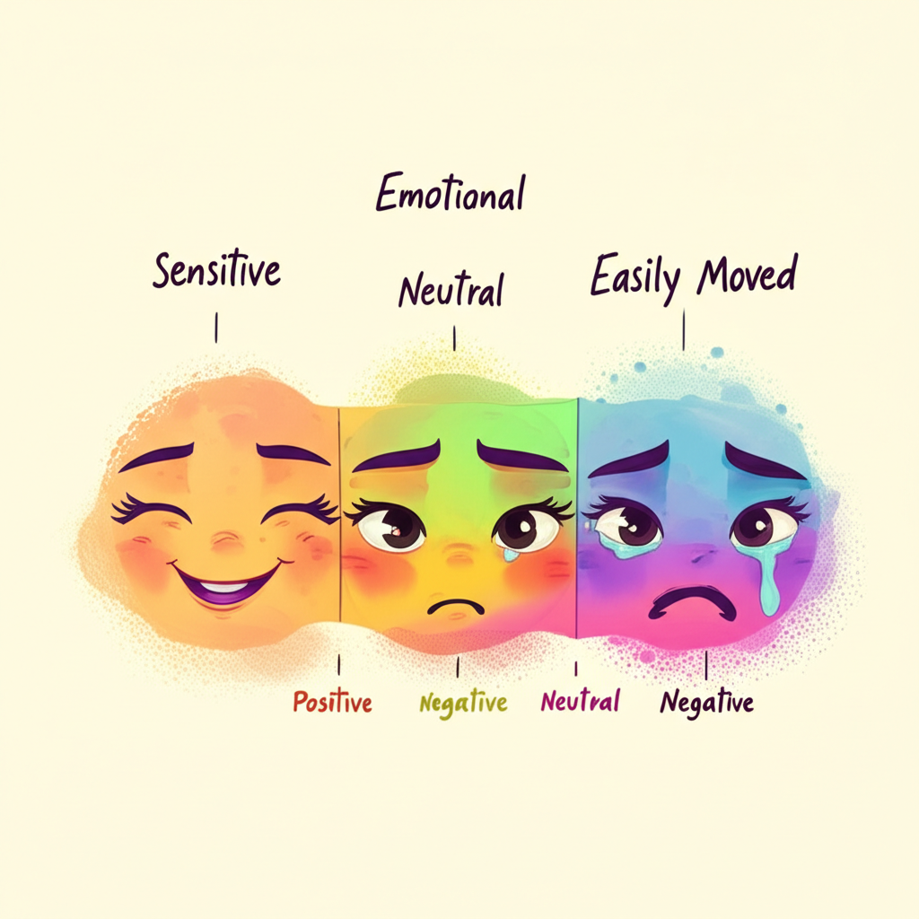 插圖描繪情感表達光譜，從溫暖微笑代表感性，到略顯沮喪臉龐象徵情緒化，以及淚眼感動臉龐為易動情，疊加文字解釋正面、負面、中性語調，使用奇幻生動藝術風格