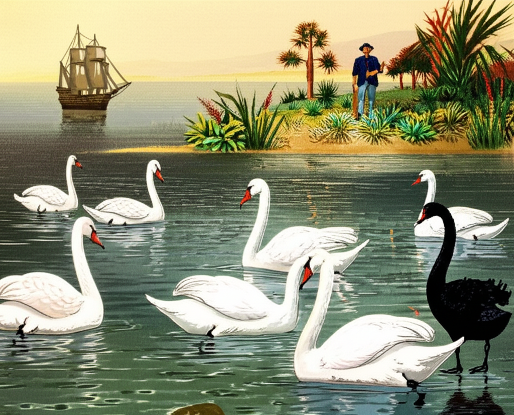 歐洲湖泊優雅白鵝游弋,遠方探險家船隻發現澳洲驚人黑天鵝,象徵意外發現