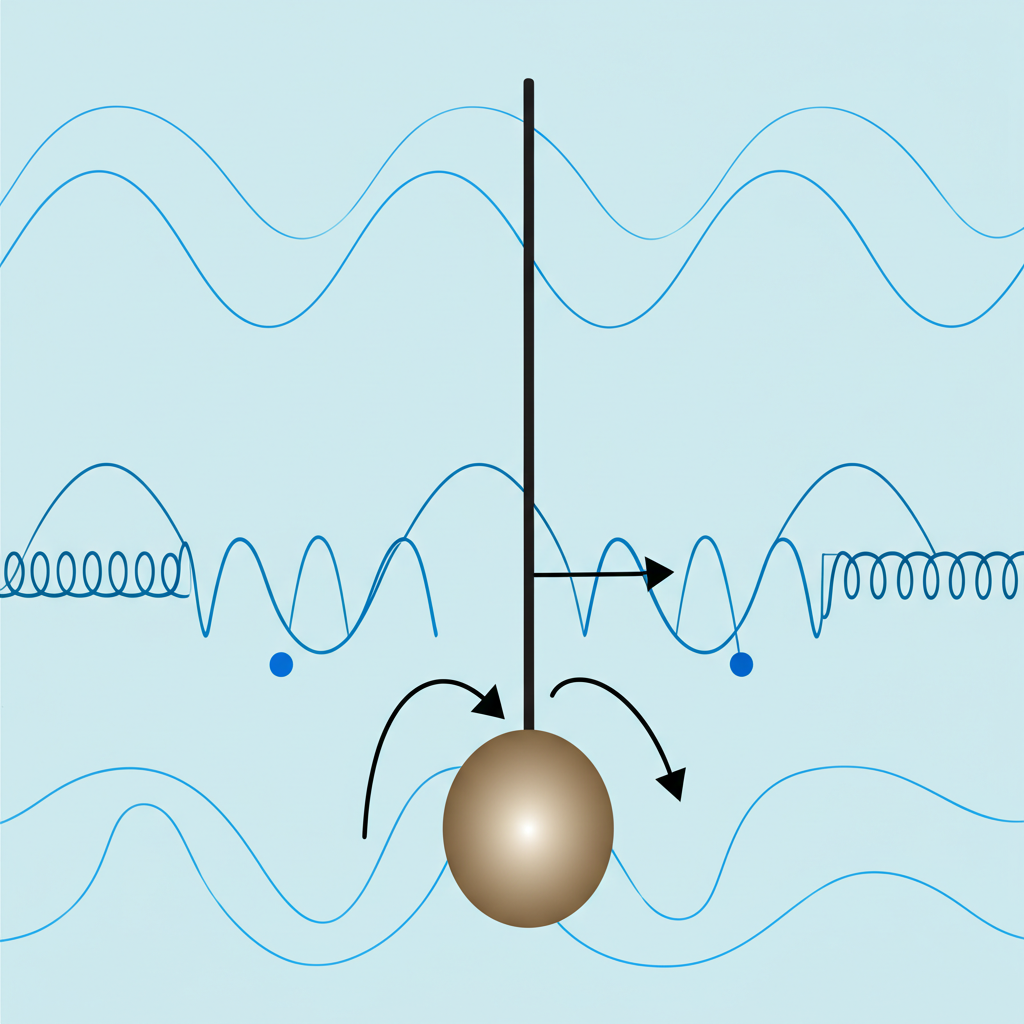 物理震盪插圖,鐘擺在平衡點來回擺動,背景有波浪與彈簧運動