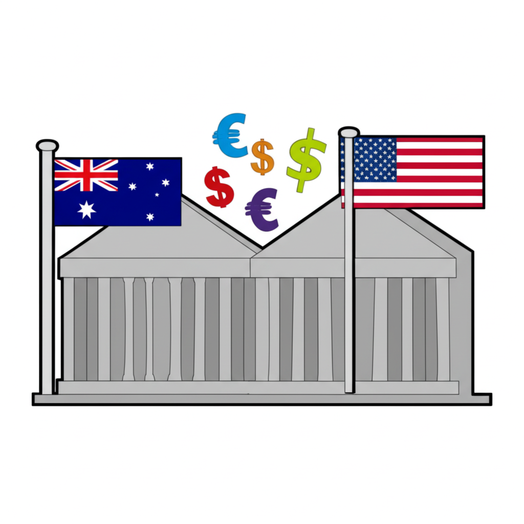澳洲和美國央行建築物間流動貨幣符號的風格化插圖