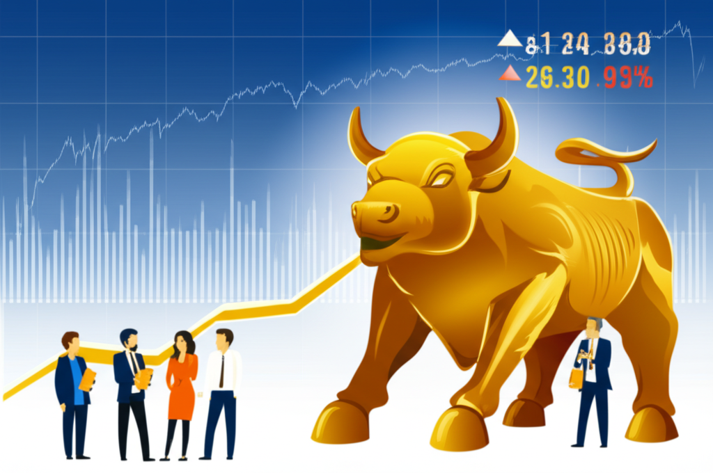 充滿活力的金融市場插圖,顯示上升的股票圖表和快樂的投資者注視象徵財富增長與樂觀的公牛雕像