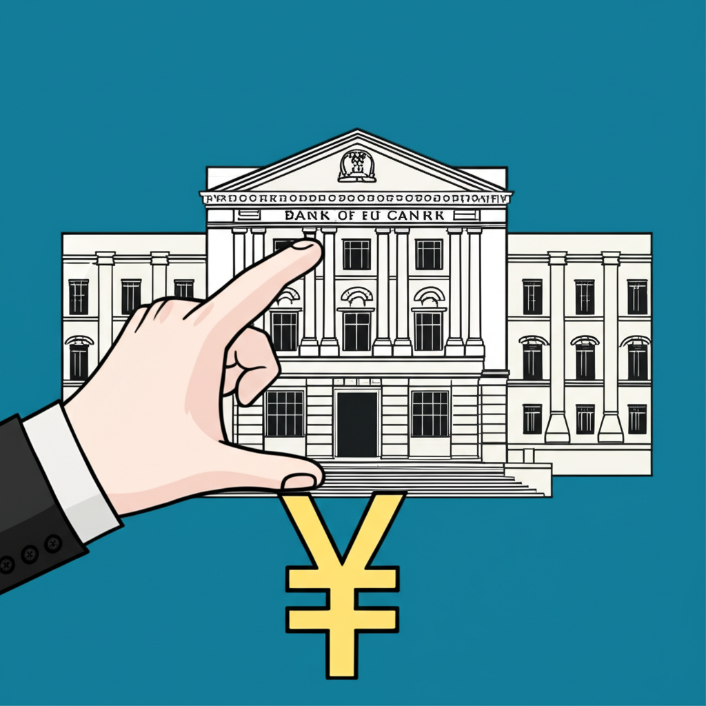 日本央行建築圖像,大手調整政策槓桿如利率和殖利率曲線控制,影響下方日幣符號的插圖