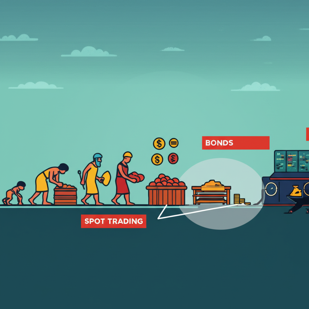 貿易演進插圖,從古代物物交換到現代金融市場,展示從商品交換到股票債券貨幣交易的進程,強調現貨交易的持久核心角色