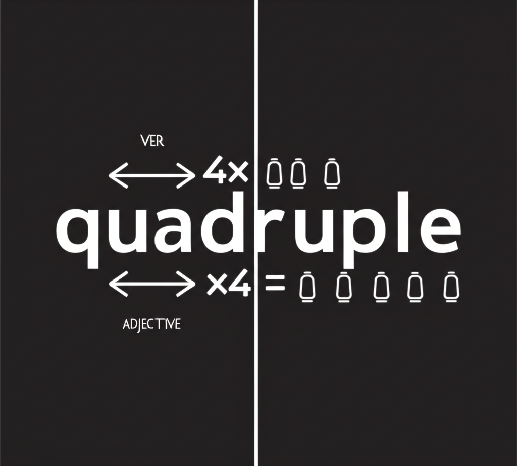 詞彙 quadruple 分成兩半,代表其作為動詞與形容詞的雙重身份,每一半都顯示與四倍乘法相關的符號