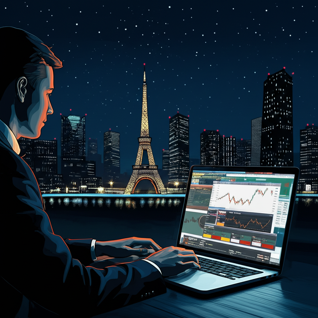 小日經期貨夜盤交易夜間城市景觀插圖,包含全球地標與交易者使用筆電操作