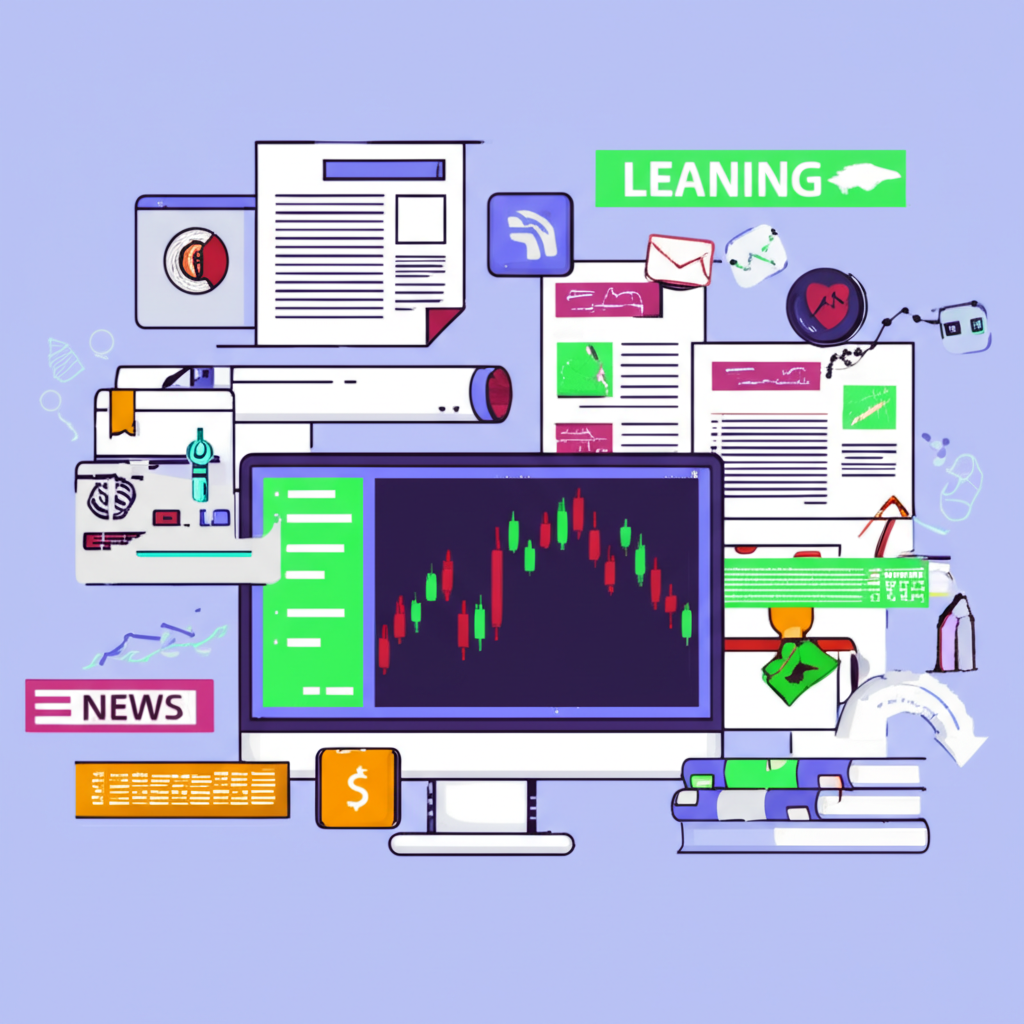 新手交易者學習路徑,從書籍和模擬平台開始,進展到小額實戰,包含技術和基本分析圖表