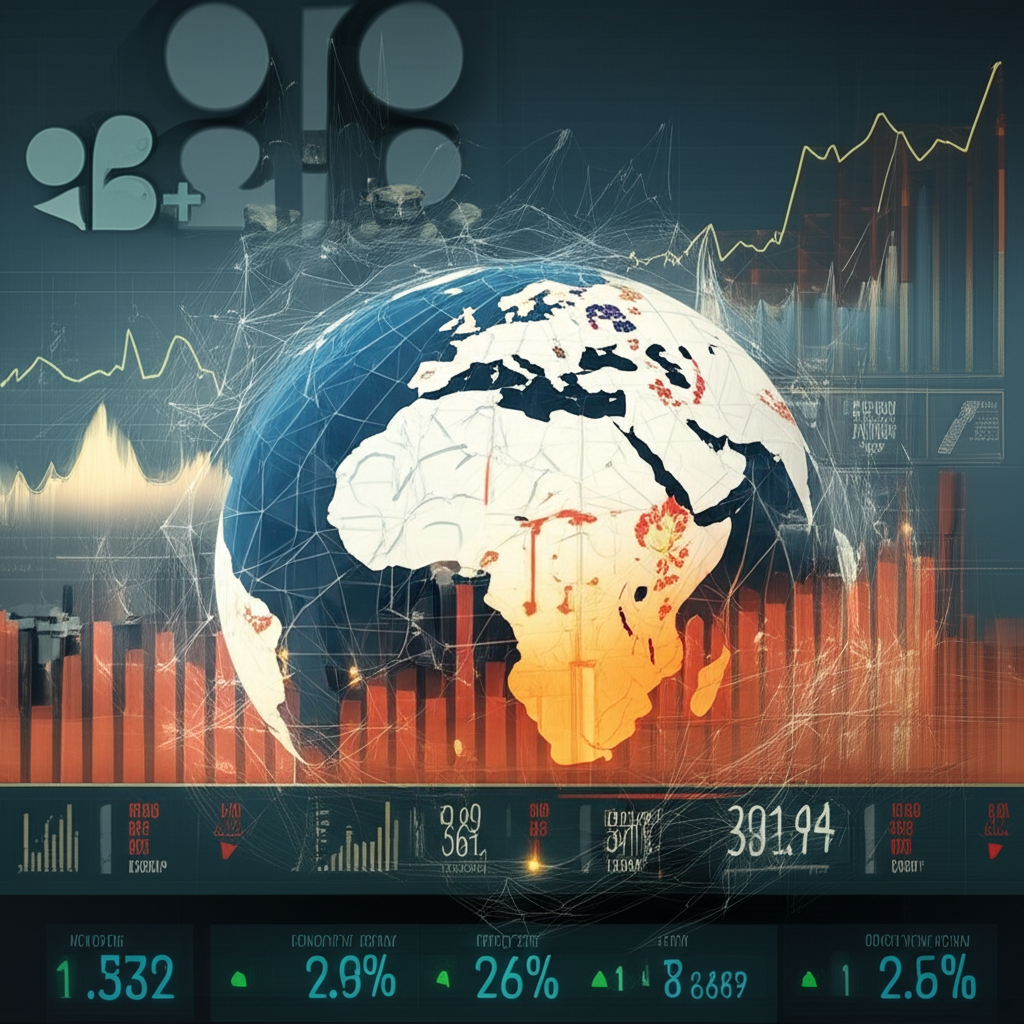 A complex web of factors influencing oil prices including OPEC plus symbols a globe with conflict zones economic graphs and stock market tickers illustration