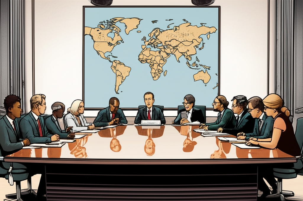 會議室中多元成員討論決策,背景世界地圖代表歐元體系治理委員會