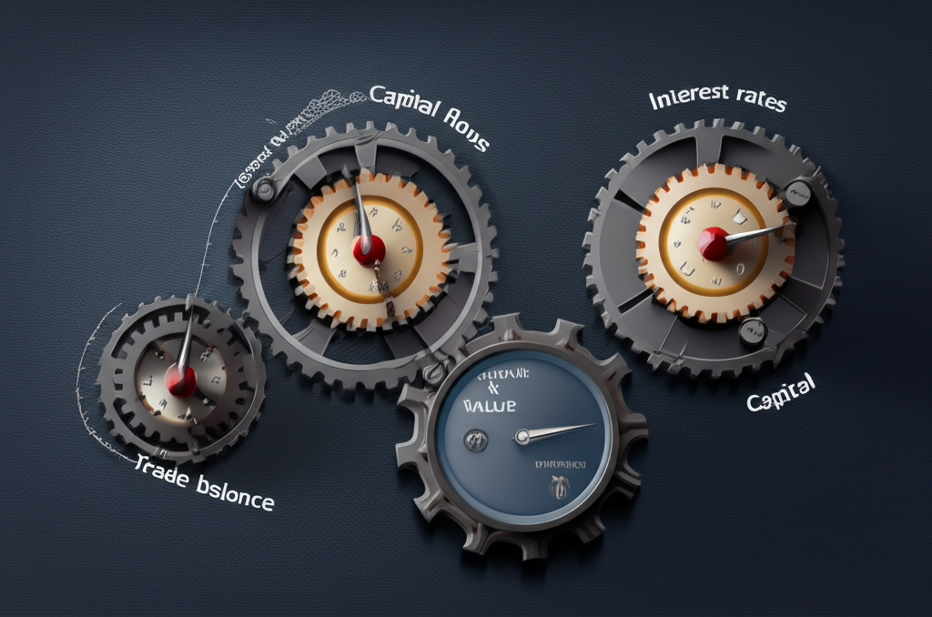 經濟因素齒輪機插圖,顯示貿易平衡、資本流動與利率如何驅動貨幣價值變化