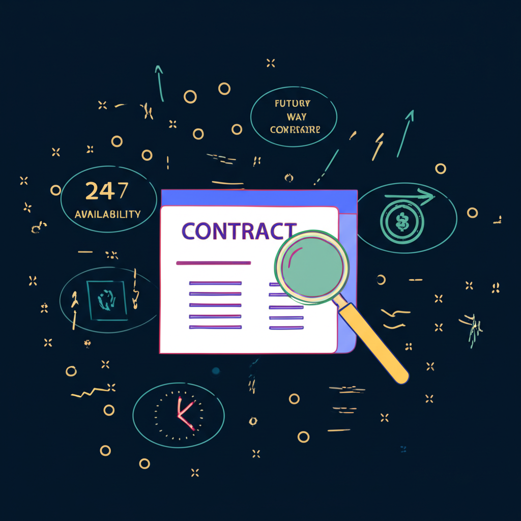 illustration of a financial derivative contract representing future index prices with symbols for high leverage two way trading low cost and nearly 24 7 availability highlighting its unique advantages