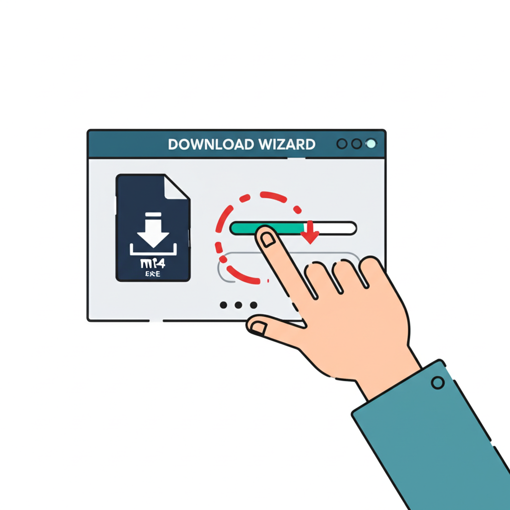 使用者點擊網站下載按鈕並顯示 MT4 安裝精靈進度畫面的插圖