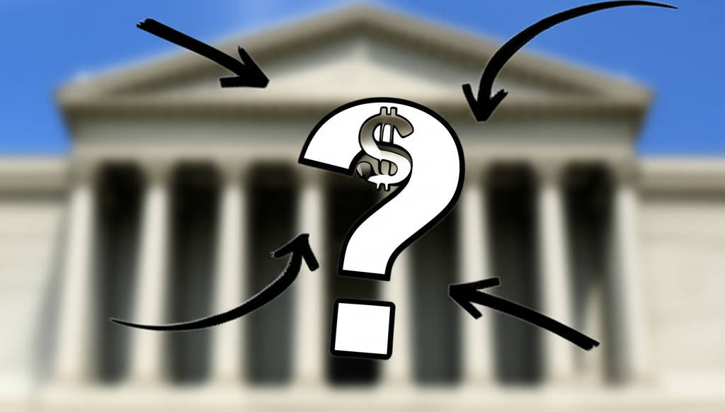 An illustration of a question mark over a dollar sign surrounded by arrows representing global economic forces and a central bank building in the background