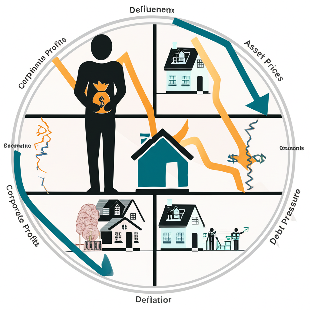 通貨緊縮對消費者行為、企業獲利、資產價格及債務壓力的影響視覺化,展現經濟收縮與財務壓力
