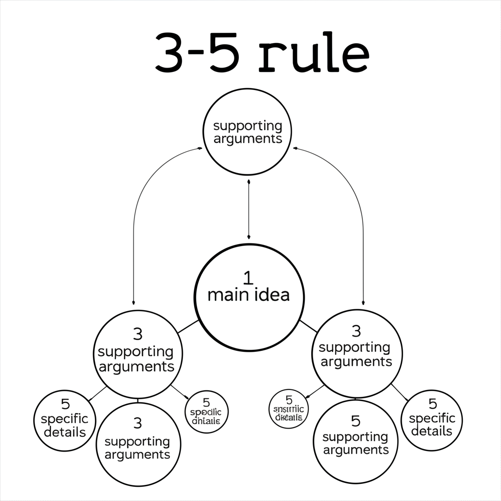 1-3-5法則圖解:中央大圓圈標示一個主要概念,連結三個小圓圈代表三大支撐論點,再延伸至五個更小圓圈象徵五項具體細節,形成清晰有序的流程