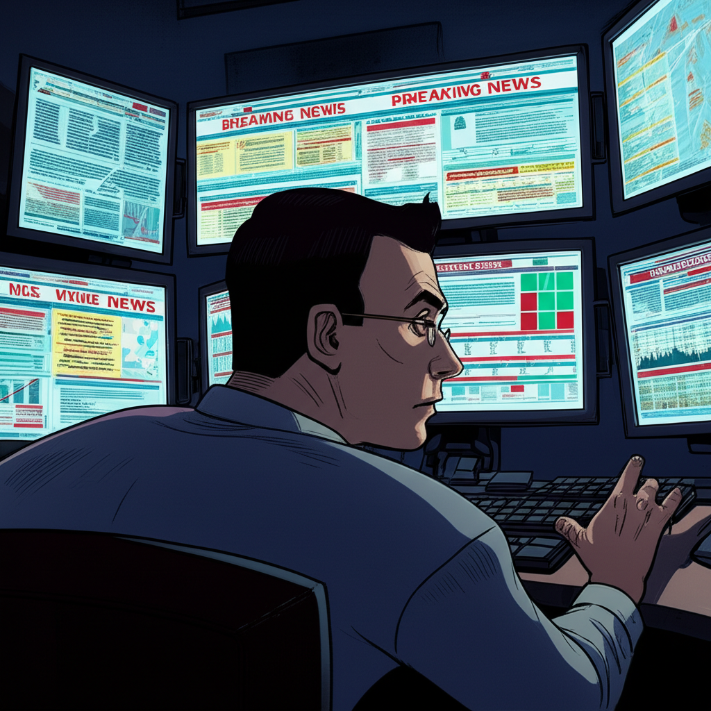 投資人快速回應新聞的插圖:多螢幕顯示財報與頭條,代表緊急市場反應