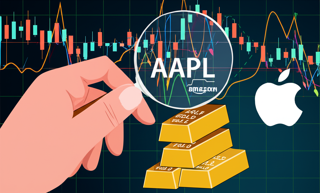 一隻手持放大鏡俯視金融市場場景,包括外匯圖表、股票符號和金條,強調交易中手數對風險管理的關鍵作用