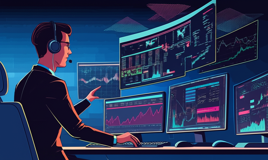 專業交易員在動態金融市場中導航,伴隨著數位圖表與機會,展現挑戰與回報的職業生涯