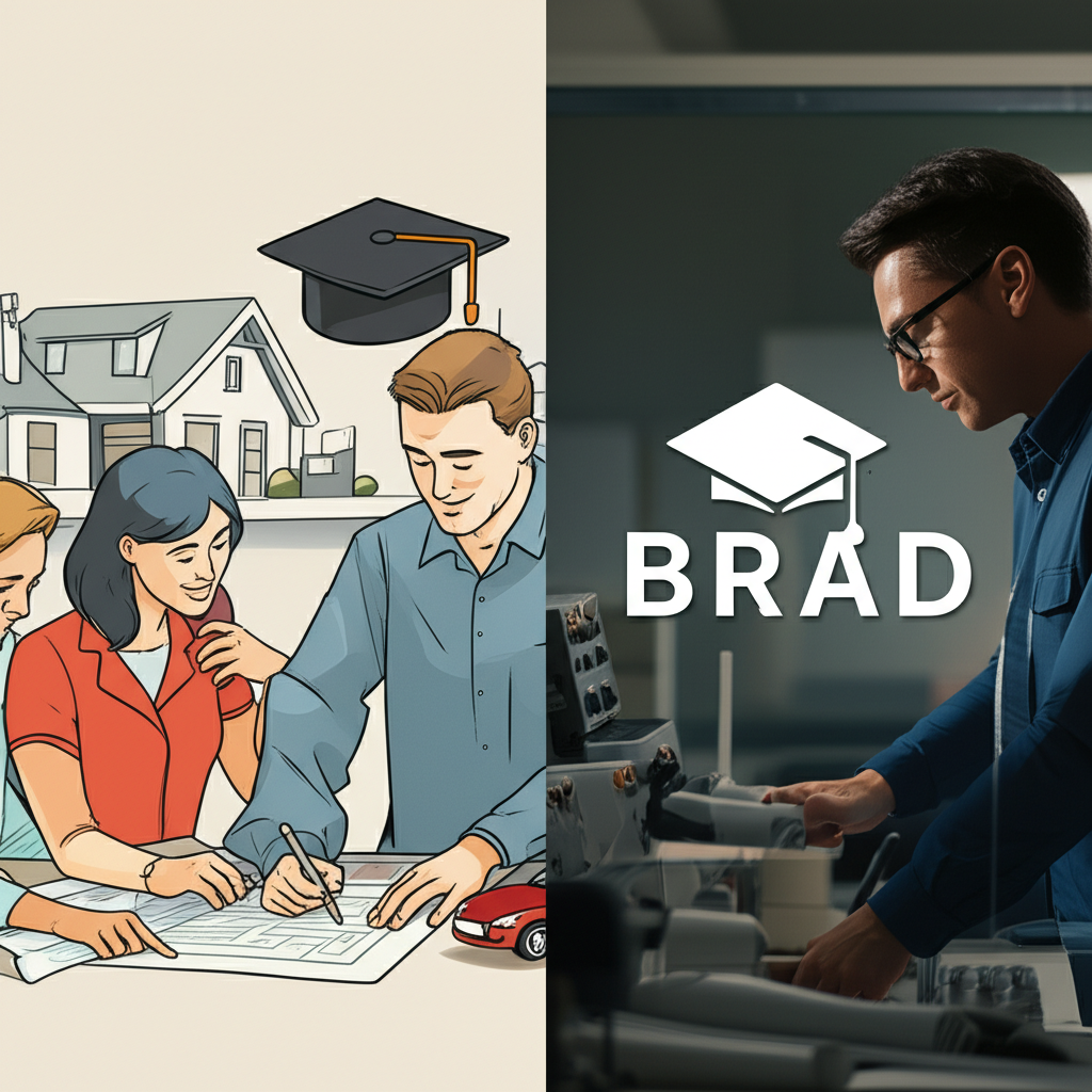 家庭快樂規劃未來,背景有房屋、汽車和畢業帽,企業主觀察工廠設備和品牌標誌,象徵財富與成功的插圖