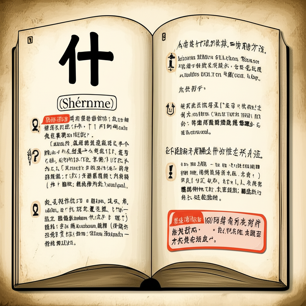 字典頁面展示「什麼」字樣的插圖,包含多種定義、例句與圖標,呈現學術風格