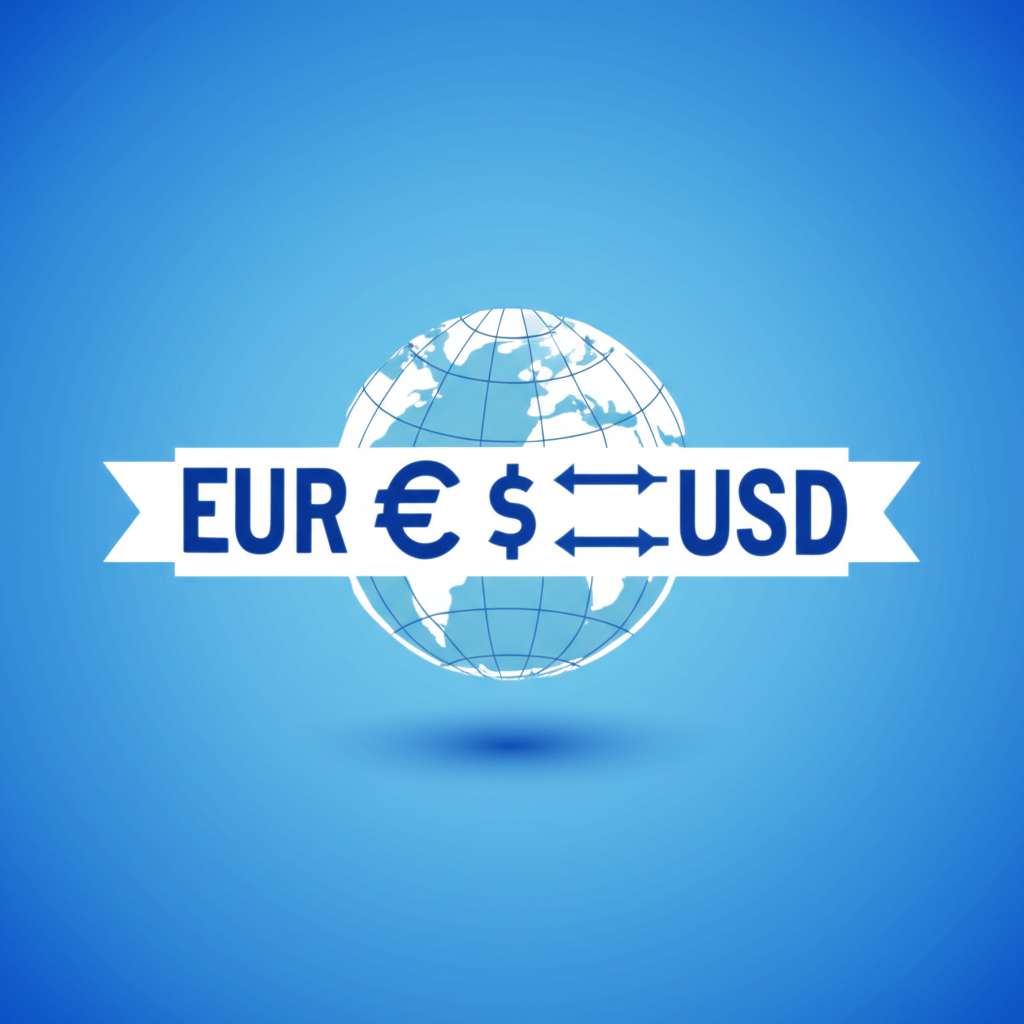 數位貨幣兌換介面顯示EUR與USD符號,伴隨兌換率箭頭與背景地球插圖