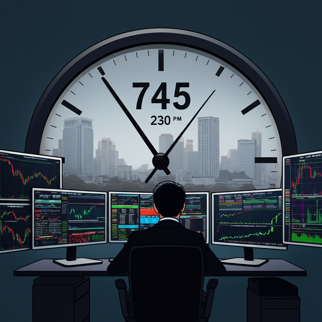 小日經期貨盤中交易時間鐘錶插圖,背景為繁忙日本城市天際線與交易者監控螢幕