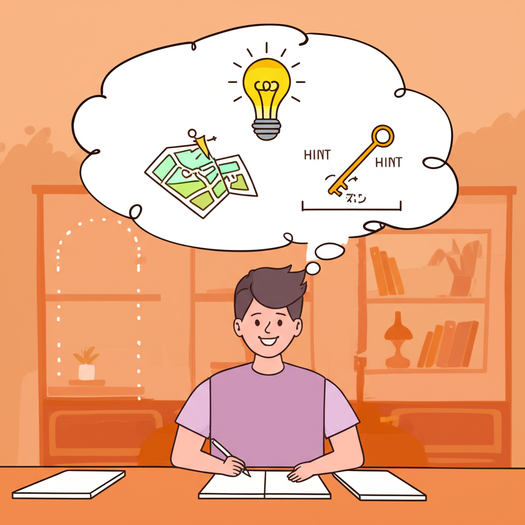 日語學習者透過燈泡、地圖和鑰匙等意象探索ヒント的多重含義,營造溫暖的學習氛圍
