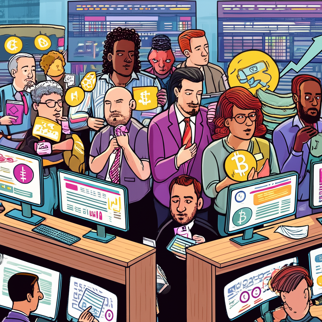 多元群組的交易員在繁忙市場環境中,環繞股票、債券與加密貨幣等金融資產,強調短期獲利