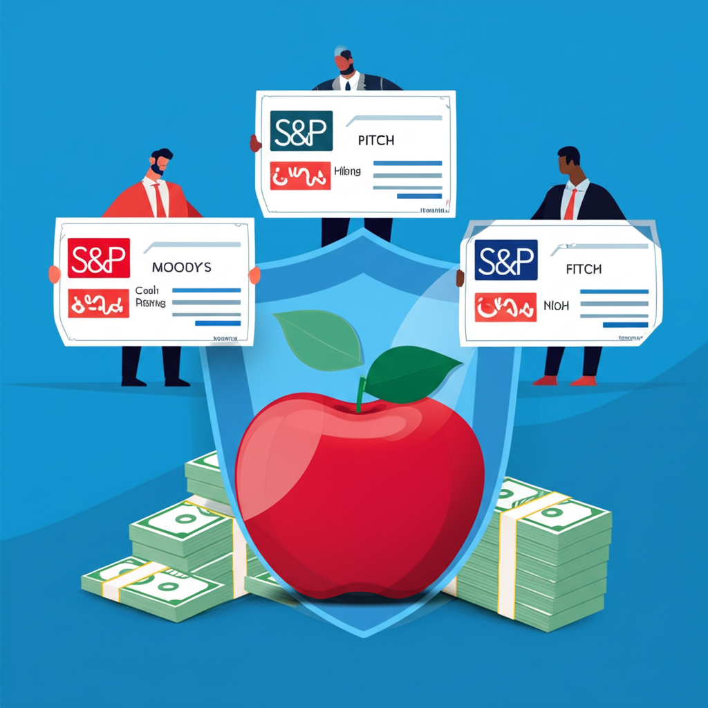 三大評級機構給予蘋果公司債高評級,盾牌象徵極高安全性,背景顯示現金儲備與強大品牌