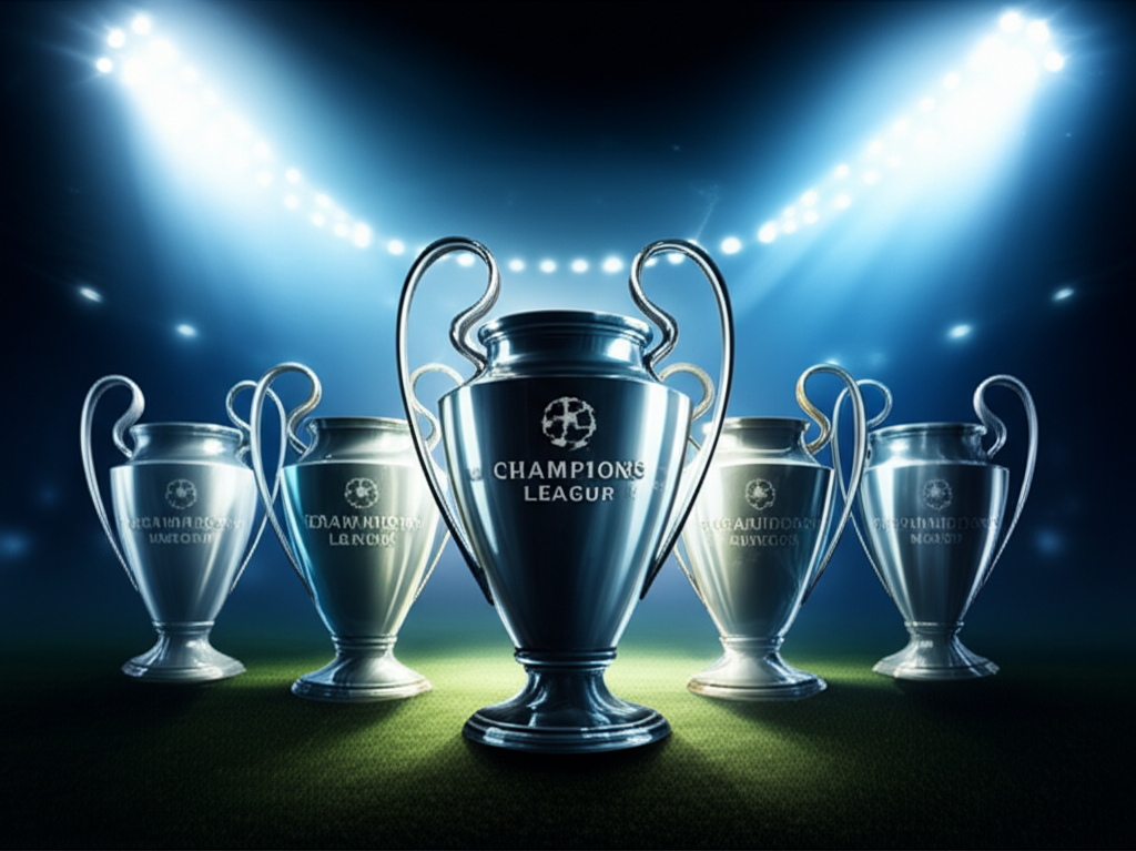 五座標誌性歐冠獎盃在球場燈光下閃耀,代表巴塞隆納足球俱樂部歐洲統治力和歷史性勝利