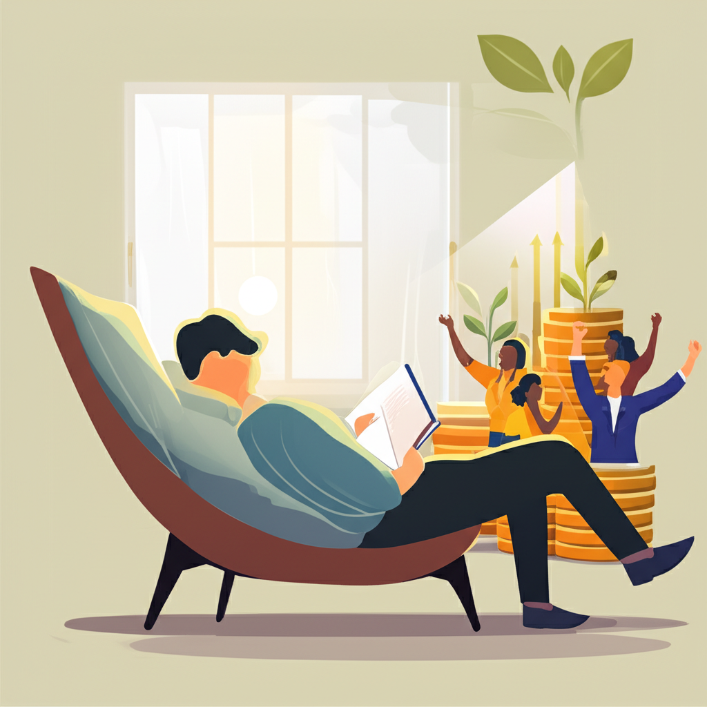 A person enjoying free time while money grows in a low cost broadly diversified investment portfolio illustration