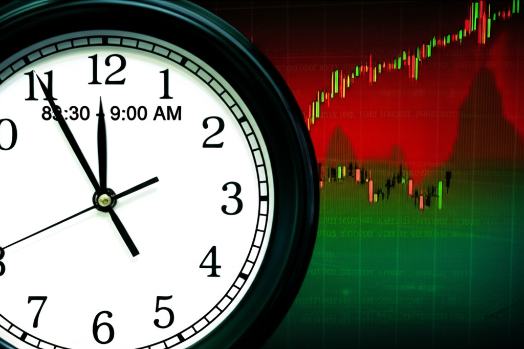 台灣股市盤前掛單時間08:30至09:00鐘錶與股票圖表示意圖