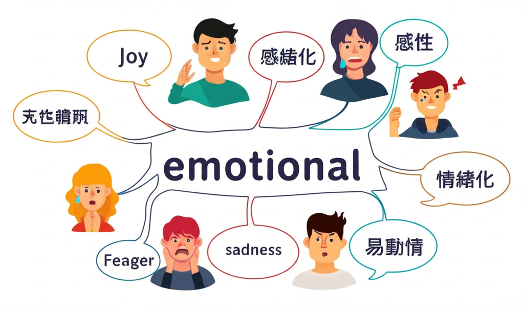 插圖呈現多位人物展現喜悅、悲傷、憤怒、恐懼等情緒，思想泡泡連結到emotional一詞及其中文翻譯如感性、情緒化、易動情，使用現代簡潔風格