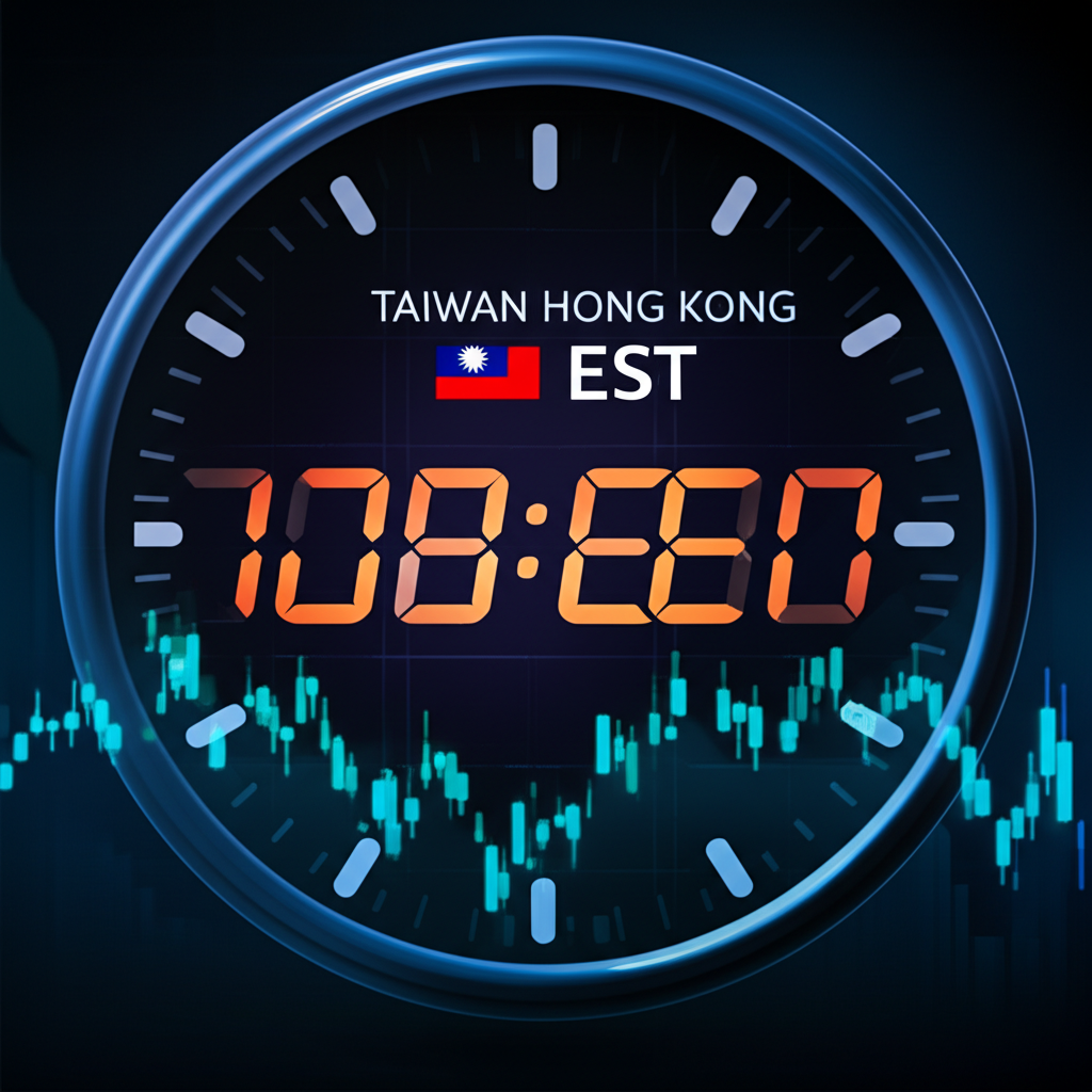 An illustration of a digital clock showing different time zones Taiwan Hong Kong and EST with financial graphs fluctuating in the background representing real time market reactions to FOMC announcements