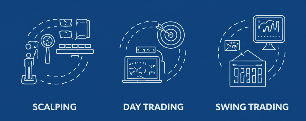 剝頭皮、當日交易與波段交易三種風格的比較插圖,強調持倉時間、頻率與利潤目標差異