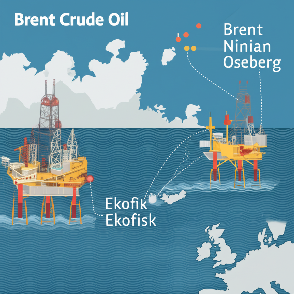 北大西洋北海油田插圖,地圖標示布蘭特、尼尼安、奧塞貝格與埃科菲斯克油田作為布蘭特原油來源