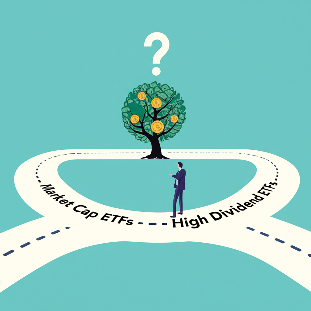 市值型與高股息ETF的投資路徑選擇,象徵兩種策略通往財富成長的十字路口