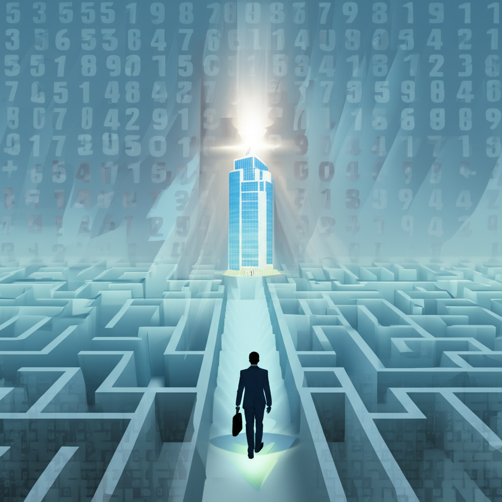 投資者自信穿越數字迷霧的插圖,象徵清晰的財務洞察與策略決策