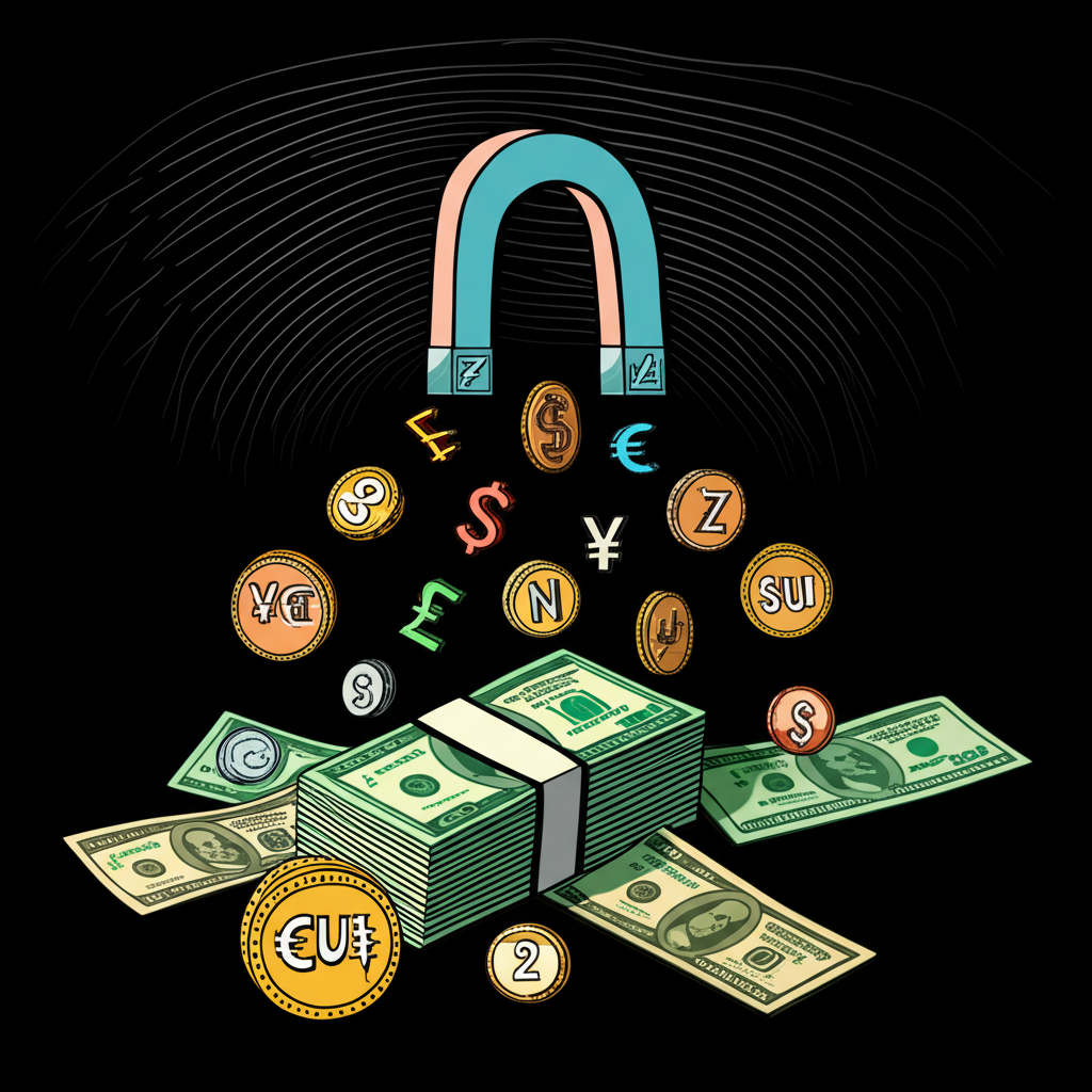An illustration of a magnet attracting various international currencies towards a stack of dollar bills symbolizing capital inflow due to higher interest rates