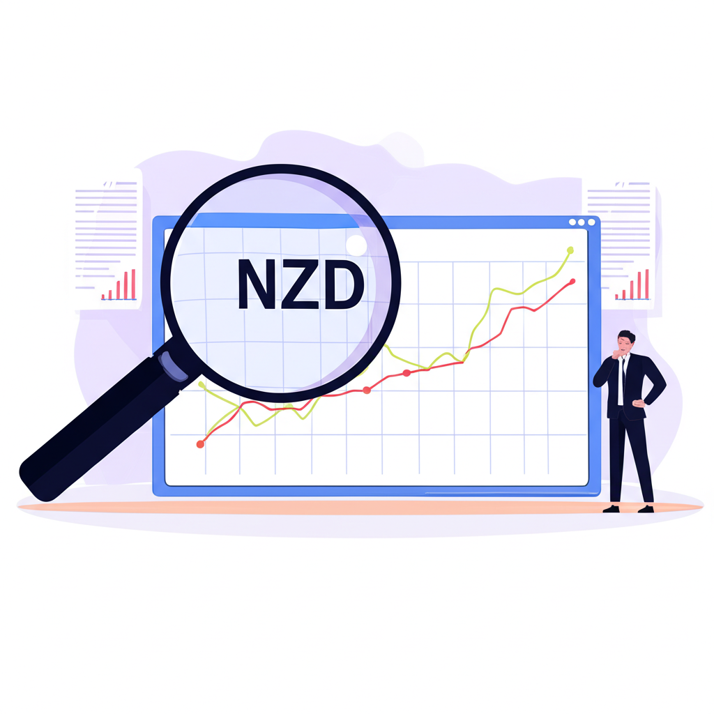 紐幣匯率歷史與未來趨勢時間線圖表插圖帶有放大鏡分析與投資決策