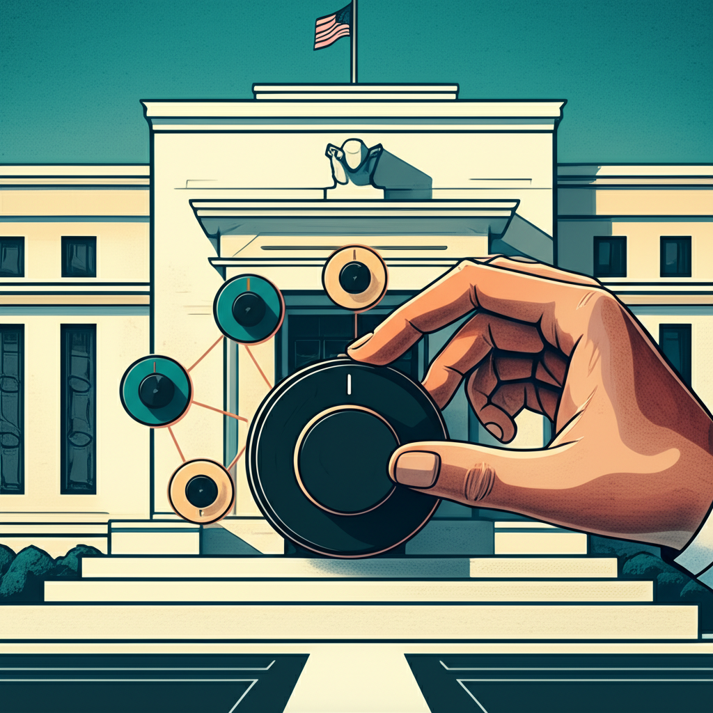 聯準會建築與調整利率撥盤的插圖,影響商業貸款、抵押貸款和存款利率