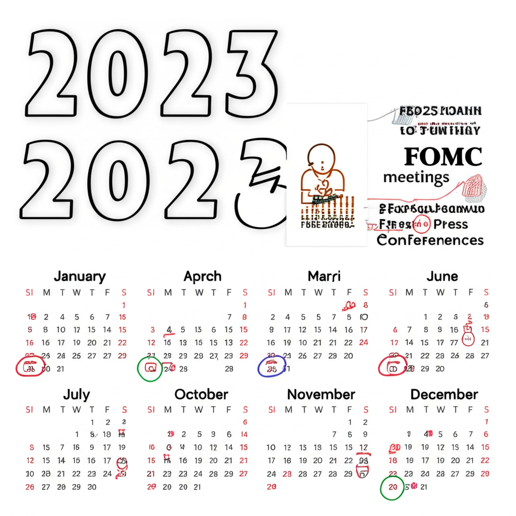 An illustration of a detailed calendar for 2023 highlighting eight specific dates for FOMC meetings with some dates specially marked for economic forecasts and press conferences a clear schedule for investors