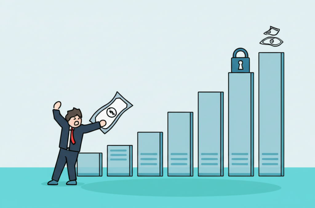 股價圖表急劇上揚,漲停處加鎖圖示,投資人試圖抓住溜走的股票證書