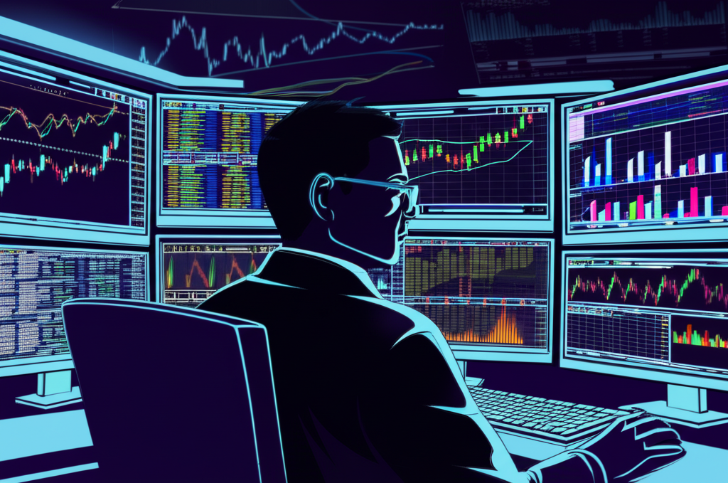 金融市場交易員專注分析多個螢幕上的市場數據、經濟指標與技術圖表,提供市場流動性的專業人士