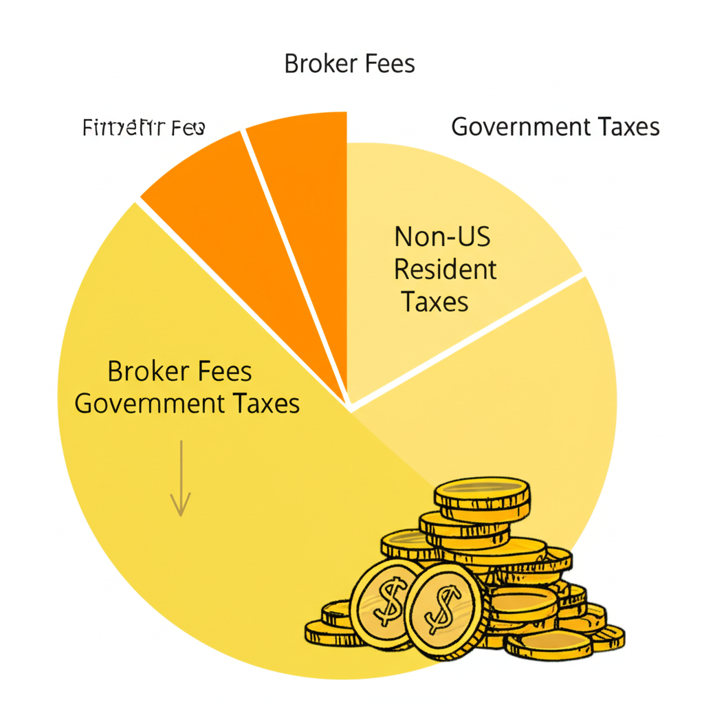 財務餅圖顯示經紀商費用、政府稅款與非美國居民稅務三大部分,小額硬幣累積成大堆,凸顯長期對投資回報的影響